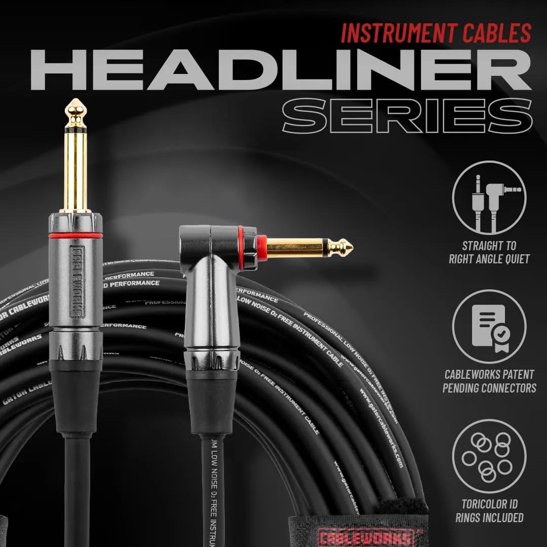 by Gator Cases Headliner Series Premium 10 Foot Straight to Right Angle Guitar Instrument Cable with Quiet Switch Technology, (GCWH-INS-10RAQT)