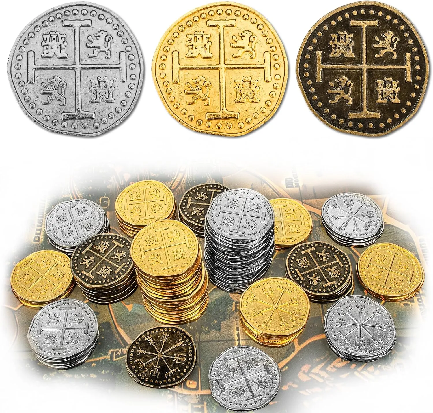 Byhoo 100 Pcs Metal Pirate Token Coins Set, Realistic Treasure Spanish Coins for Pirate Treasure Chest Treasure Hunt Cosplay Toy Board Game