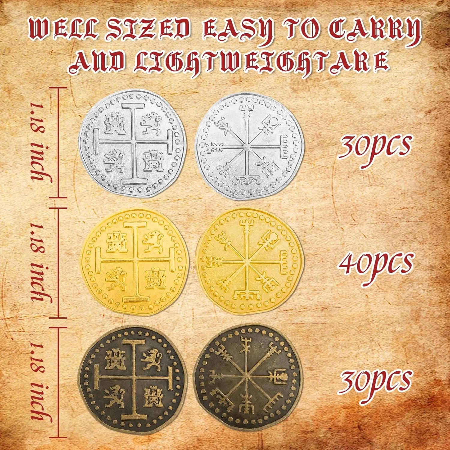Byhoo 100 Pcs Metal Pirate Token Coins Set, Realistic Treasure Spanish Coins for Pirate Treasure Chest Treasure Hunt Cosplay Toy Board Game