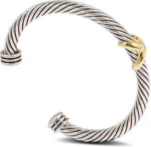 Cable Cuff Bracelets for Women Bangle - Cable Wire Twisted Bracelets Two Tone - Vintage Gold and Silver Cross Bracelet Jewelry