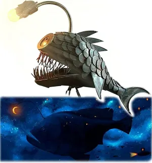 CAFELE Rustic USB Angler Fish & Shark Lamp - Steampunk Style Table Light, Simulation Flame LED Bulbs, Handmade Night & Book Light, Industrial Creative Decor for Home/Office (Small)