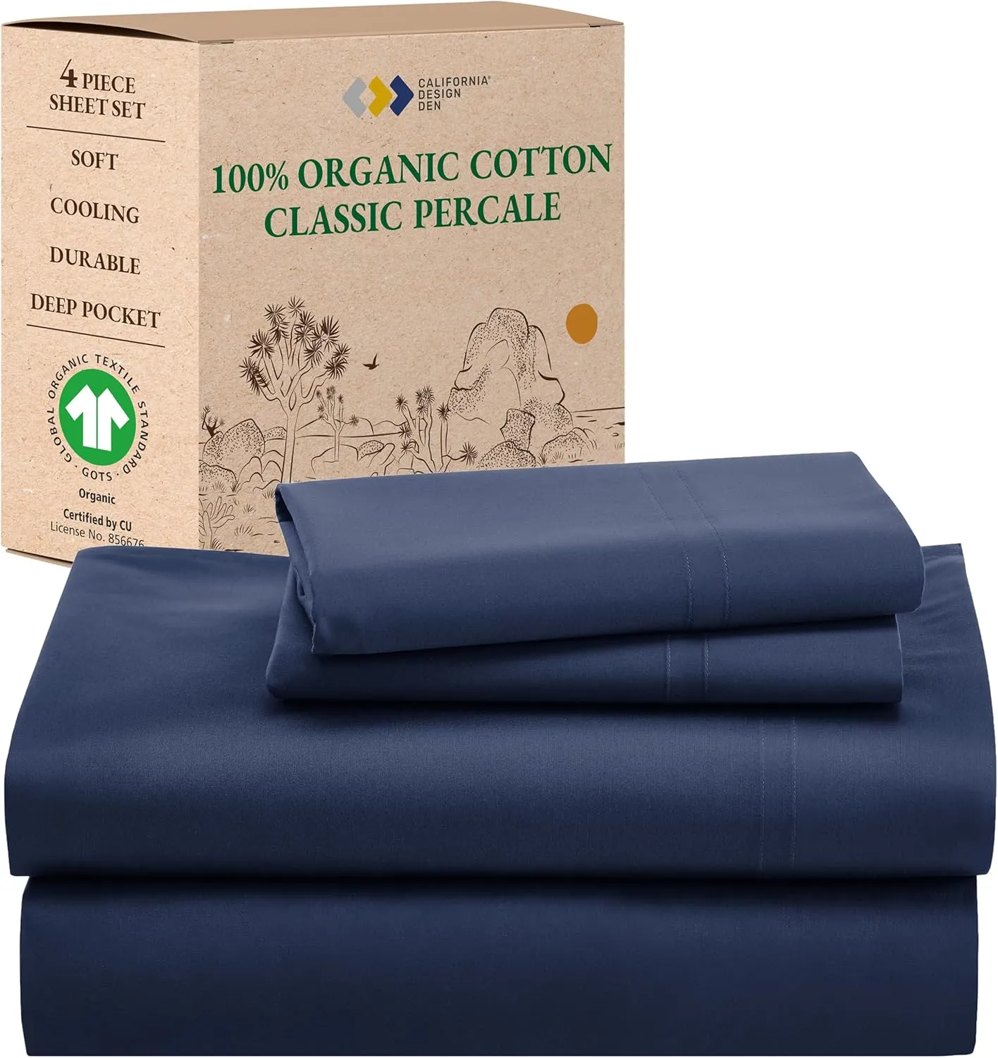 California Design Den Queen Size Sheet Set - Soft 100% Organic Cotton Bed Sheets with Deep Pockets, Crisp Percale, Breathable and Durable Bedding Set - Navy Blue