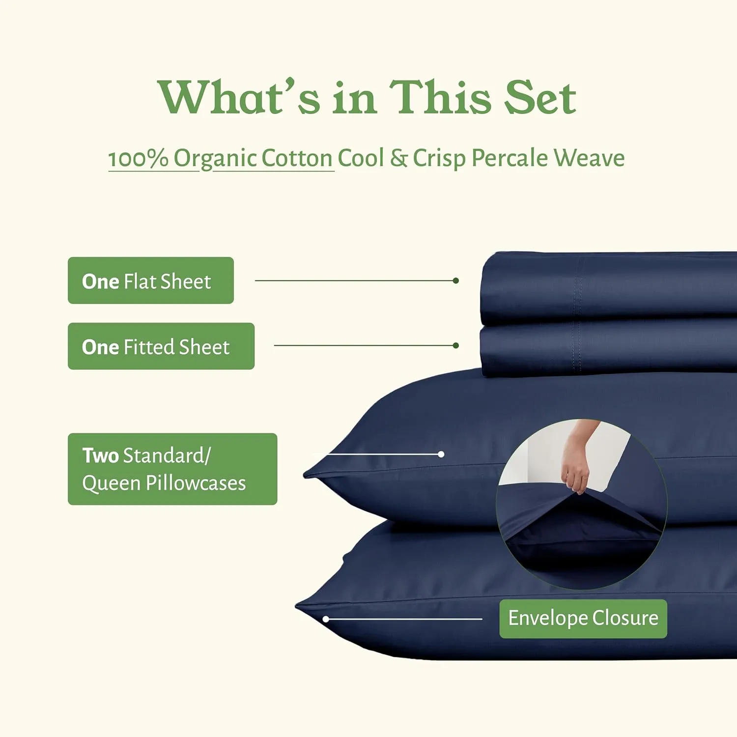 California Design Den Queen Size Sheet Set - Soft 100% Organic Cotton Bed Sheets with Deep Pockets, Crisp Percale, Breathable and Durable Bedding Set - Navy Blue