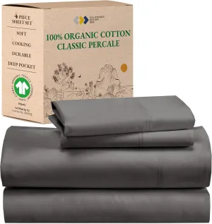 California Design Den Queen Size Sheets - Soft 100% 100% Organic Cotton Sheets with Deep Pockets, Crisp Percale, Breathable and Durable Bedding Set - Grey