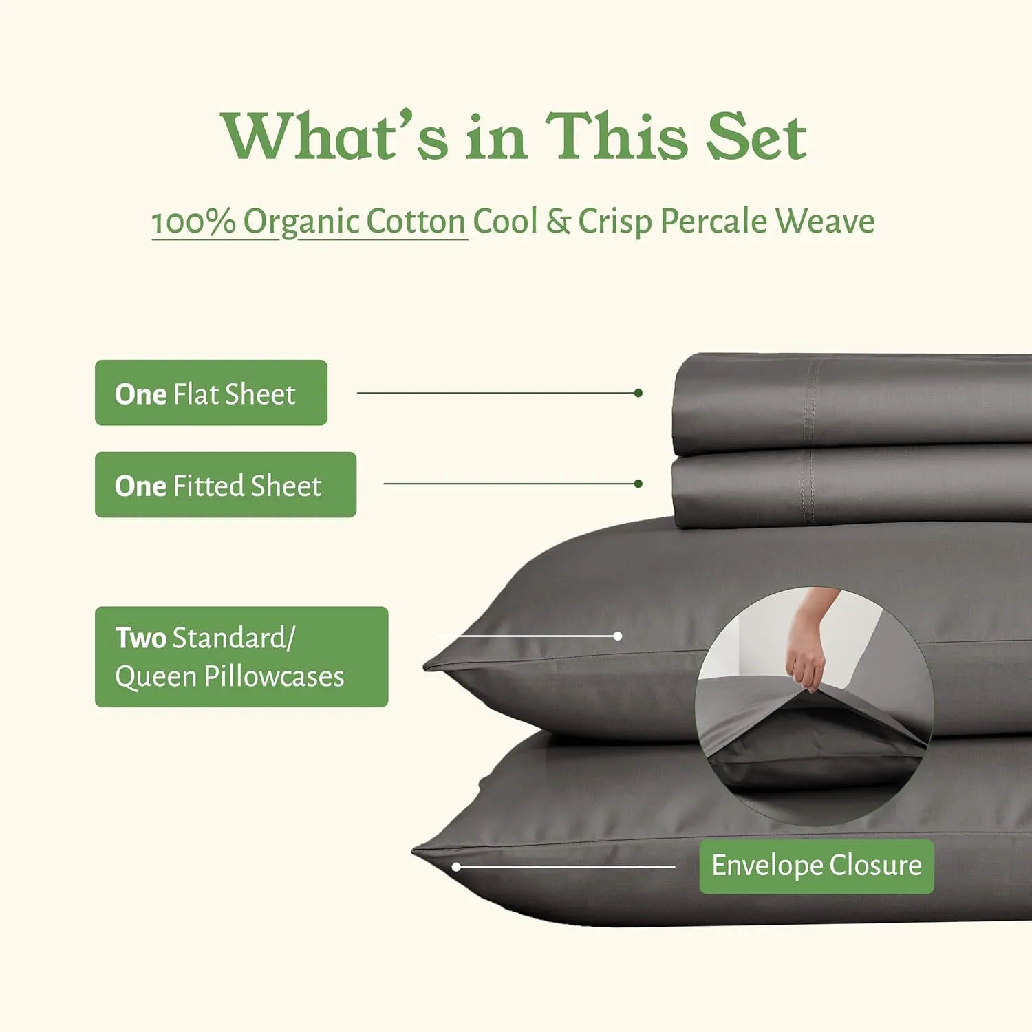 California Design Den Queen Size Sheets - Soft 100% 100% Organic Cotton Sheets with Deep Pockets, Crisp Percale, Breathable and Durable Bedding Set - Grey