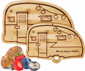 Camper Bamboo Cutting Board Set for RV Kitchen Accessories 2 Pieces, RV Wood Chopping Board Set with Juice Grooves, Hang Hole,for Meat Vegetables & Cheese,Camping Gifts RV Decor Camping Decorations