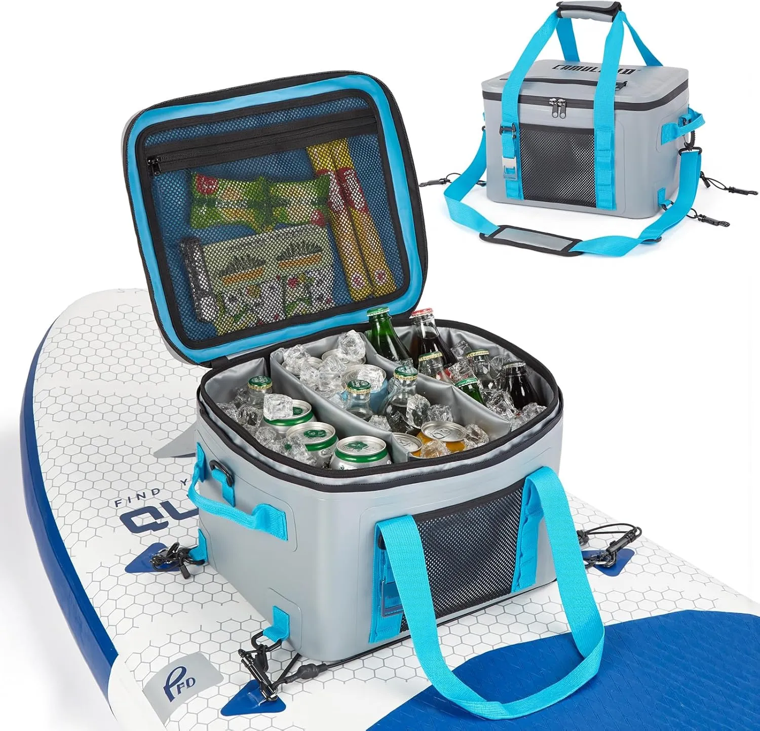 CAMULAND Waterproof Paddle Board Cooler Bag – 25L Insulated SUP Deck Bag with Bottle Opener, Detachable Compartments & Multiple Pockets, Holds 30 Cans, Perfect for Kayaking, Camping & Water Sports