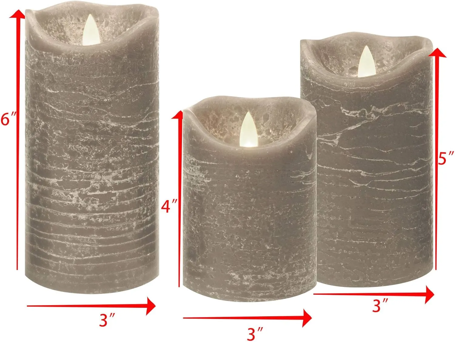 Candle Choice Battery Operated Flameless Candles with Timer Real Wax Realistic Flickering Electric LED Pillars Automatic Built-in Daily Cycle Timer 6-Hour on 18-Hour Off Set of 3 Rustic Texture Gray