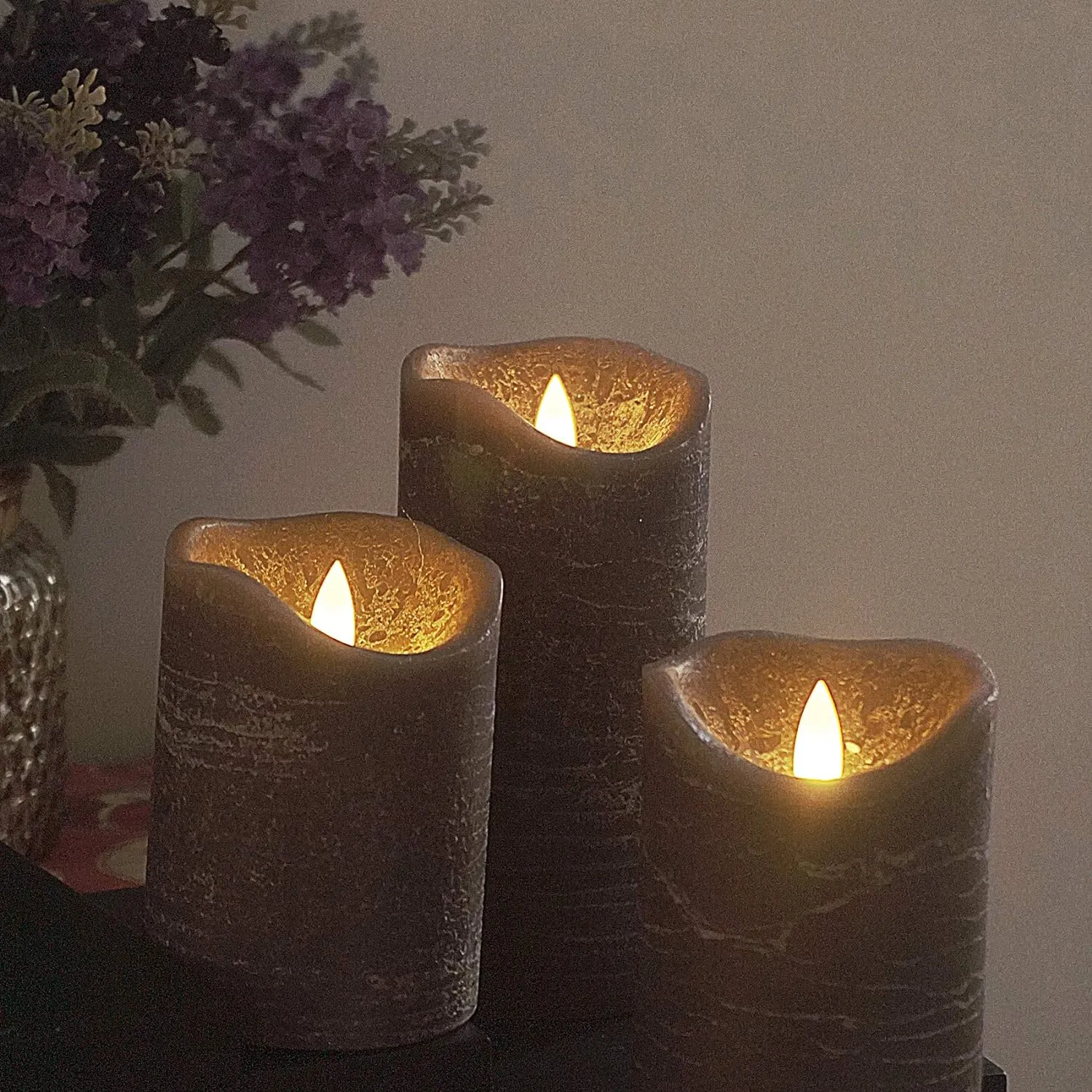 Candle Choice Battery Operated Flameless Candles with Timer Real Wax Realistic Flickering Electric LED Pillars Automatic Built-in Daily Cycle Timer 6-Hour on 18-Hour Off Set of 3 Rustic Texture Gray