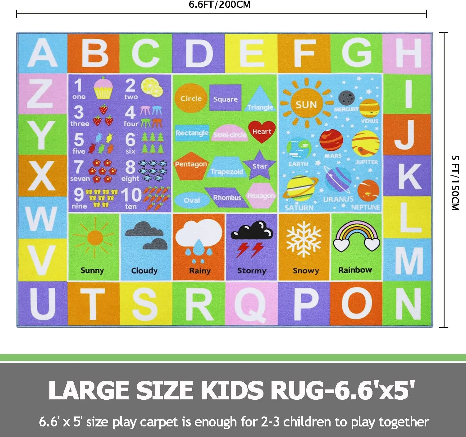 Capslpad Kids Rug for Learning Alphabet,Numbers,Shapes,Weather,Planets,Kid Area Rug,Non Slip Play Mat for Children Playroom,Classroom,Bedroom,Toddler,Nursery,5'0 x 6'6Feet