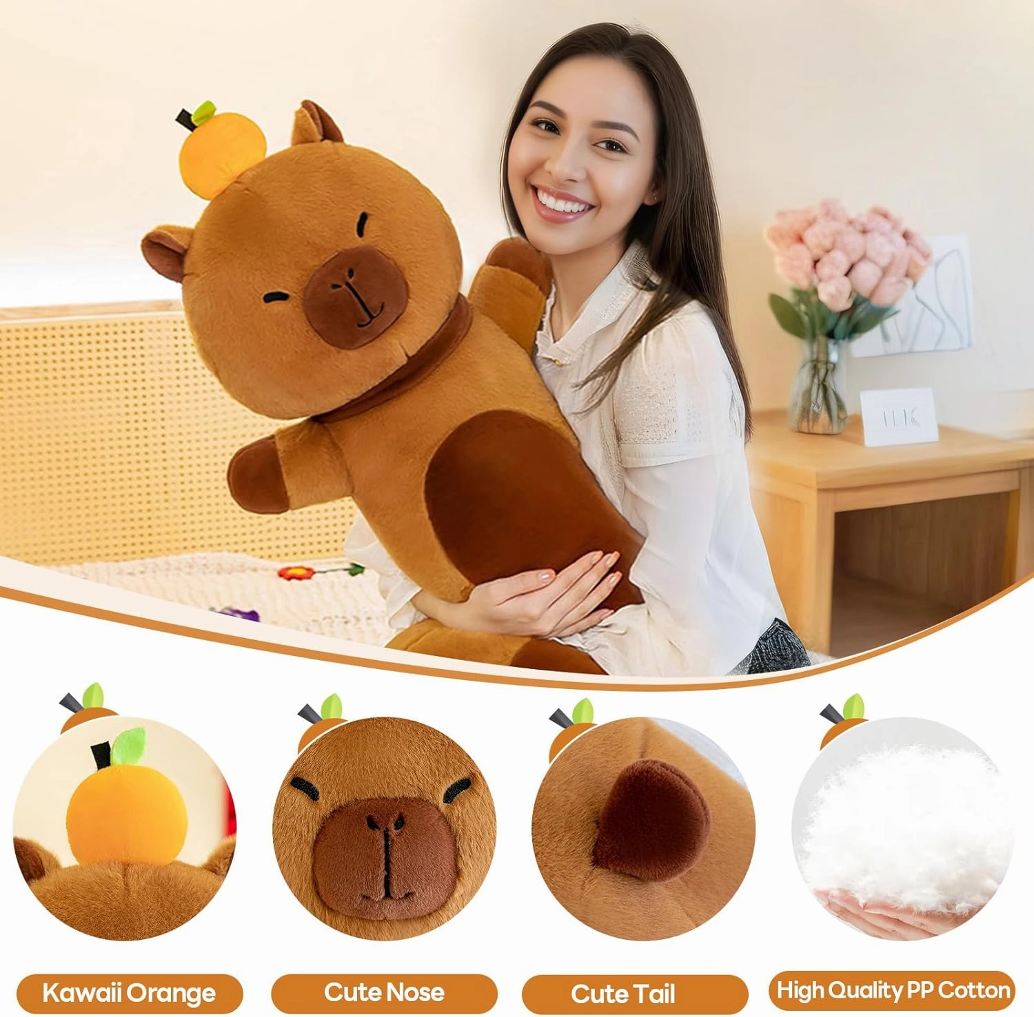 Capybara Plush Pillow with Orange, 43" Long Soft Plush Capybara Plushie Stuffed Toy Gift for Boys & Girls