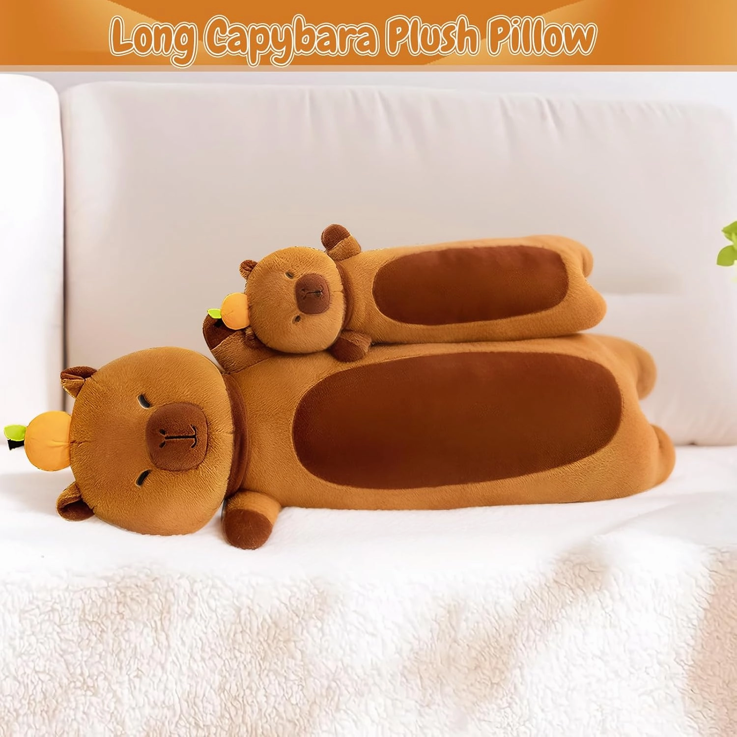 Capybara Plush Pillow with Orange, 43" Long Soft Plush Capybara Plushie Stuffed Toy Gift for Boys & Girls