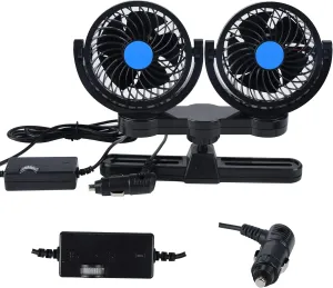 Car Fans, 12V Car Cooling Fan with 360° Rotatable Dual Head Stepless Speed Regulation Rear Seat Air Fan for Truck Sedan SUV RV Van Boat