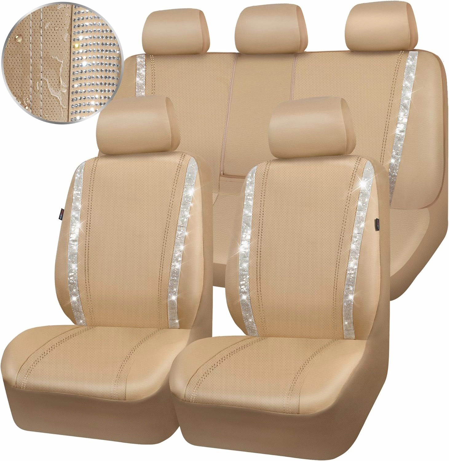 CAR PASS Bling Car Seat Covers Full Set, Shining Glitter Rhinestone Diamond Waterproof Faux Leather Interior Sets Universal Fit Automotive Glitter Crystal Sparkle Strips for Cute Women Girl, Beige