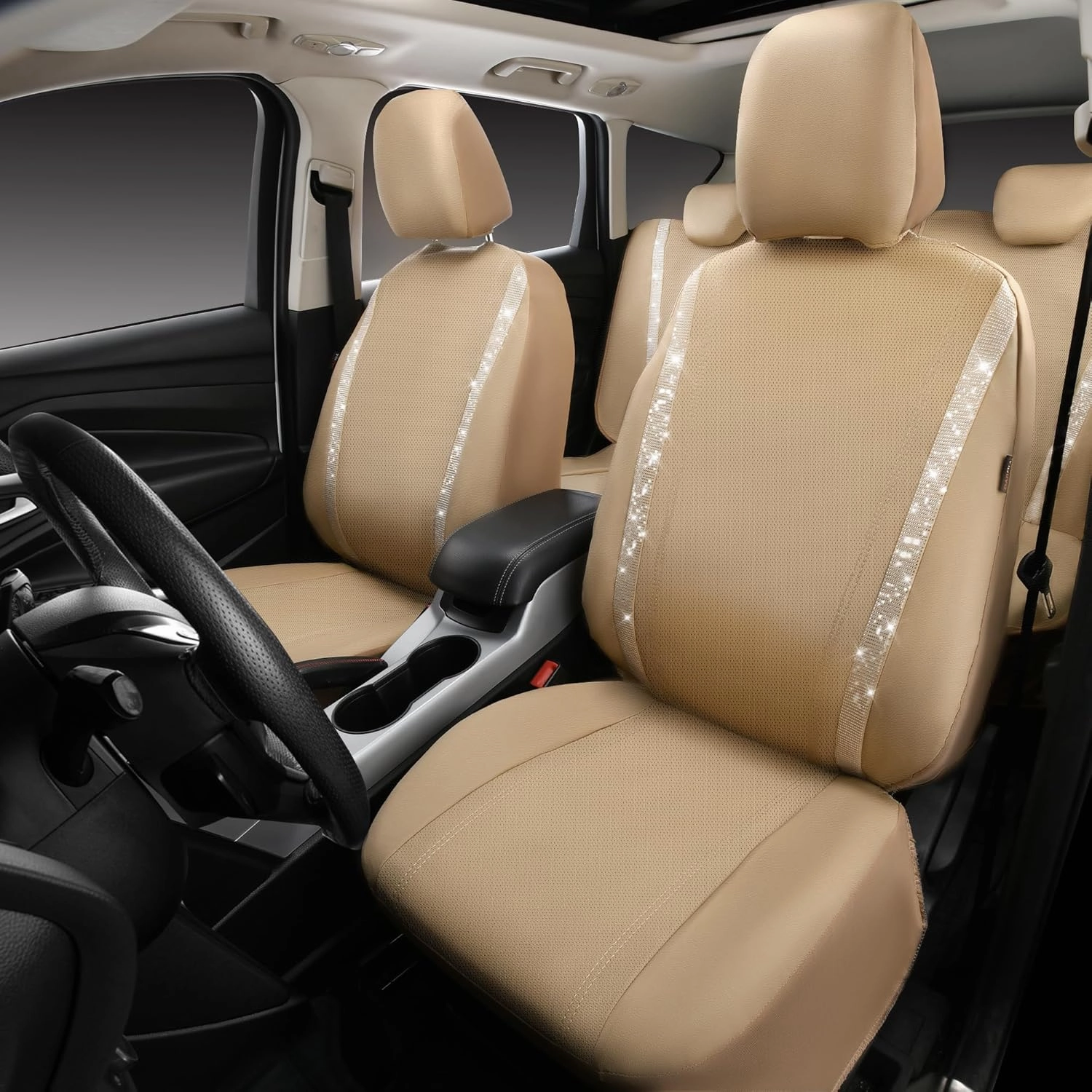 CAR PASS Bling Car Seat Covers Full Set, Shining Glitter Rhinestone Diamond Waterproof Faux Leather Interior Sets Universal Fit Automotive Glitter Crystal Sparkle Strips for Cute Women Girl, Beige