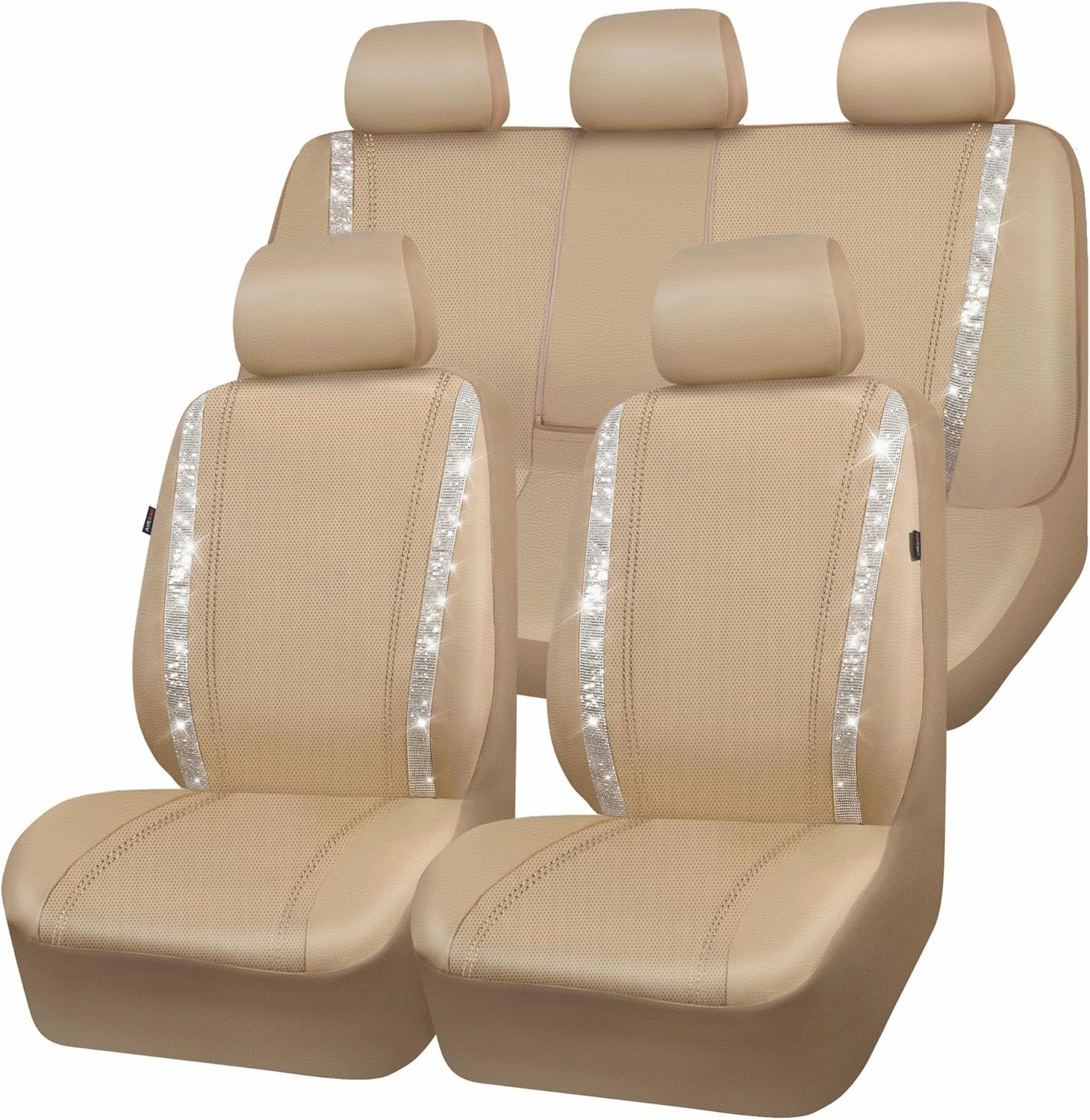CAR PASS Bling Car Seat Covers Full Set, Shining Glitter Rhinestone Diamond Waterproof Faux Leather Interior Sets Universal Fit Automotive Glitter Crystal Sparkle Strips for Cute Women Girl, Beige