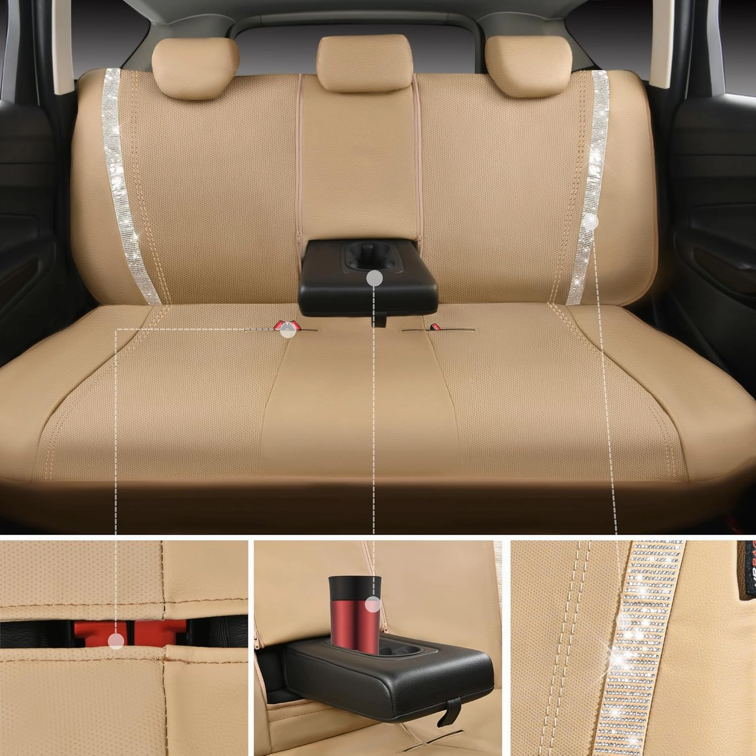 CAR PASS Bling Car Seat Covers Full Set, Shining Glitter Rhinestone Diamond Waterproof Faux Leather Interior Sets Universal Fit Automotive Glitter Crystal Sparkle Strips for Cute Women Girl, Beige