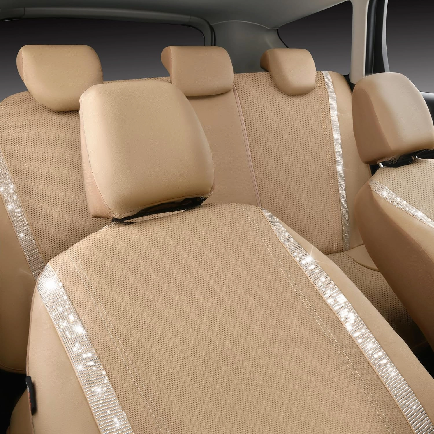 CAR PASS Bling Car Seat Covers Full Set, Shining Glitter Rhinestone Diamond Waterproof Faux Leather Interior Sets Universal Fit Automotive Glitter Crystal Sparkle Strips for Cute Women Girl, Beige