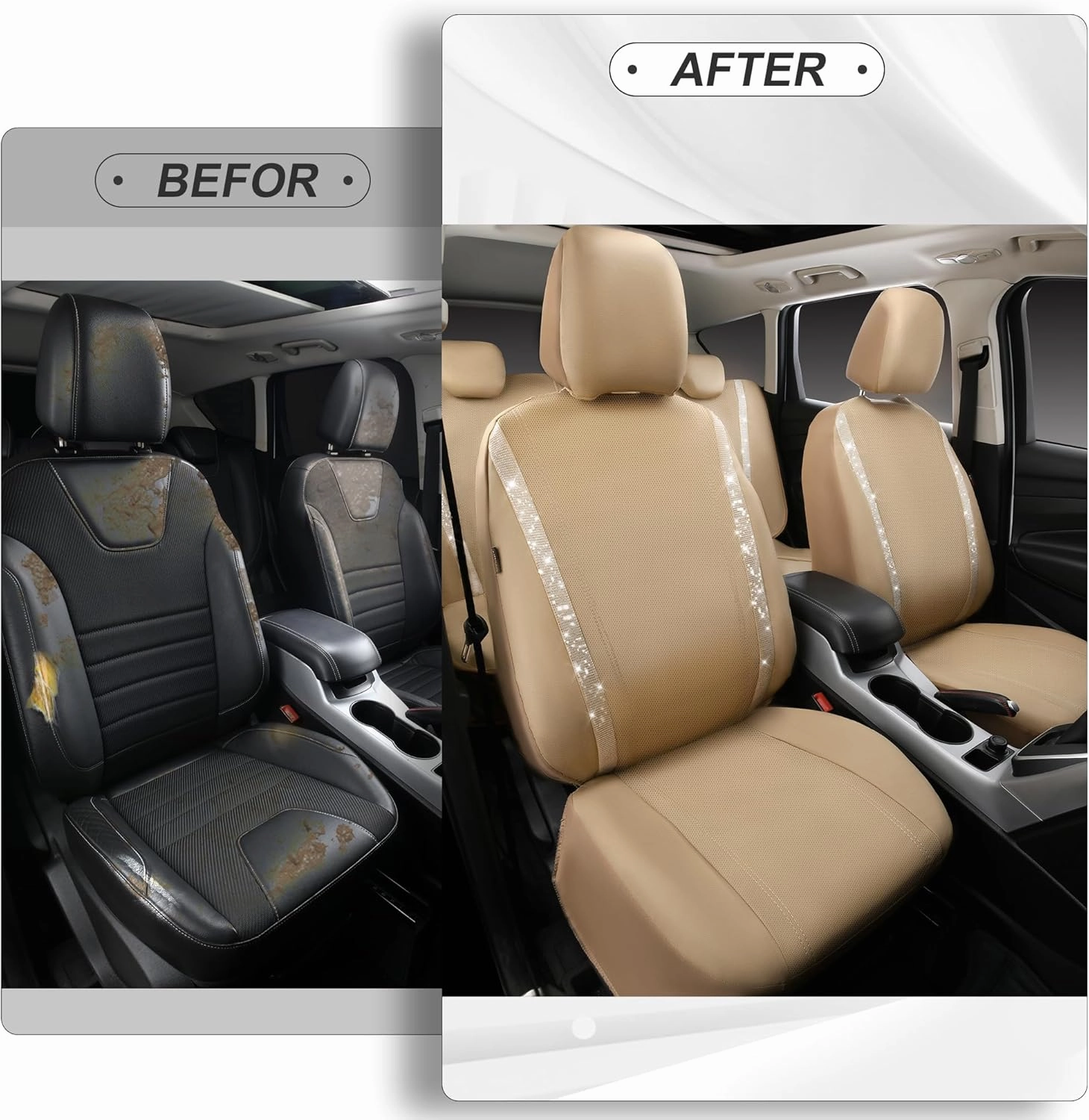 CAR PASS Bling Car Seat Covers Full Set, Shining Glitter Rhinestone Diamond Waterproof Faux Leather Interior Sets Universal Fit Automotive Glitter Crystal Sparkle Strips for Cute Women Girl, Beige