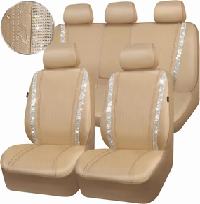 CAR PASS Bling Car Seat Covers Full Set, Shining Glitter Rhinestone Diamond Waterproof Faux Leather Interior Sets Universal Fit Automotive Glitter Crystal Sparkle Strips for Cute Women Girl, Beige