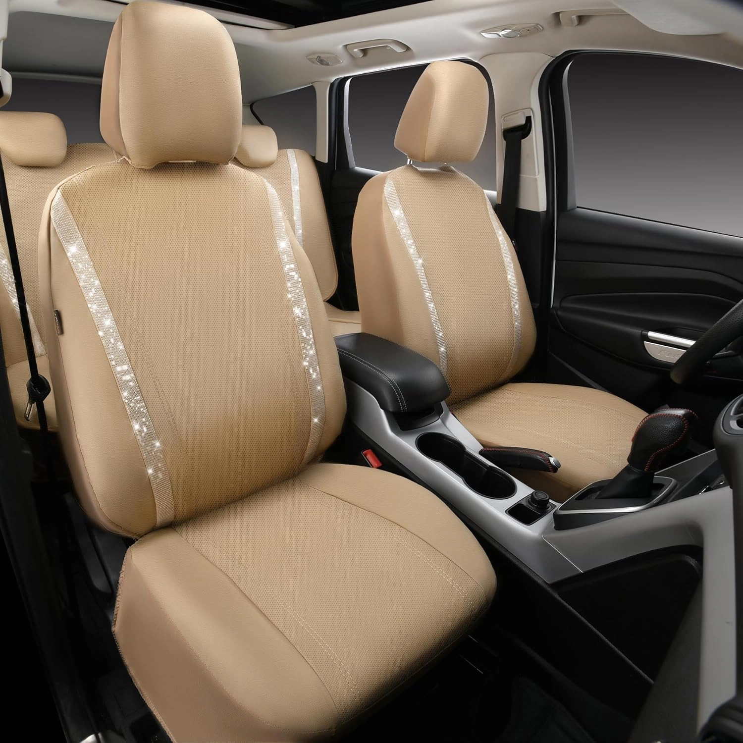 CAR PASS Bling Car Seat Covers Full Set, Shining Glitter Rhinestone Diamond Waterproof Faux Leather Interior Sets Universal Fit Automotive Glitter Crystal Sparkle Strips for Cute Women Girl, Beige