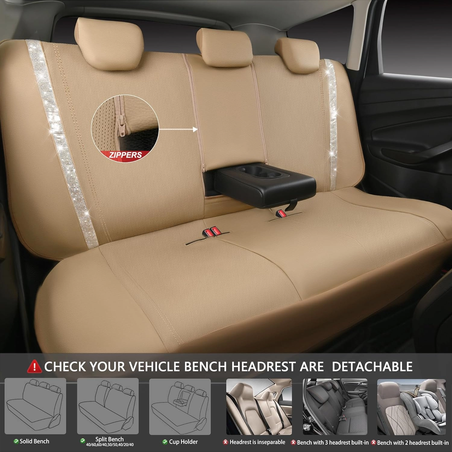 CAR PASS Bling Car Seat Covers Full Set, Shining Glitter Rhinestone Diamond Waterproof Faux Leather Interior Sets Universal Fit Automotive Glitter Crystal Sparkle Strips for Cute Women Girl, Beige