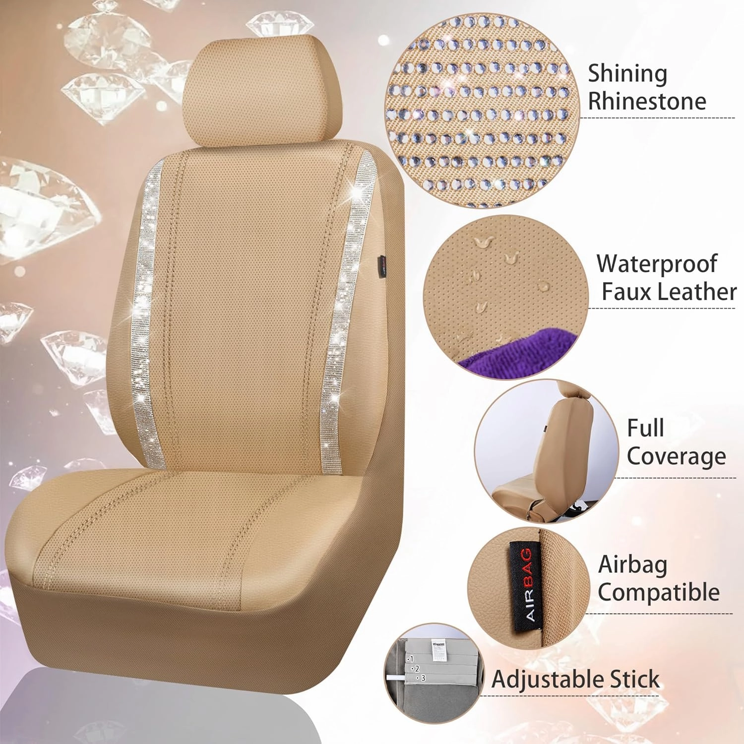 CAR PASS Bling Car Seat Covers Full Set, Shining Glitter Rhinestone Diamond Waterproof Faux Leather Interior Sets Universal Fit Automotive Glitter Crystal Sparkle Strips for Cute Women Girl, Beige