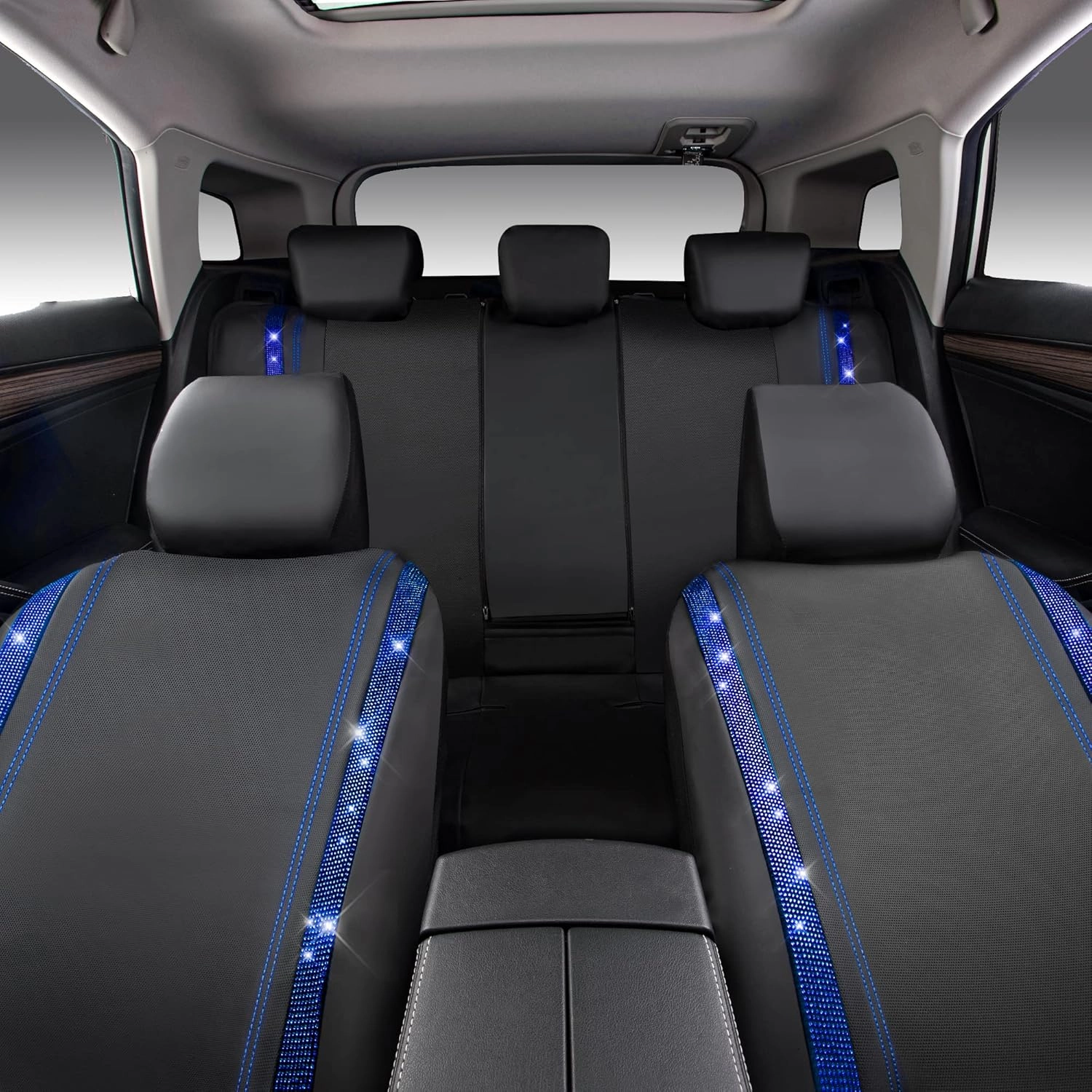 CAR PASS Bling Car Seat Covers Full Set, Shining Rhinestone Diamond Waterproof Faux Leather, Rear with Zipper, Universal Fit Automotive Glitter Crystal Sparkle Strips for Cute Women Girl, Blue