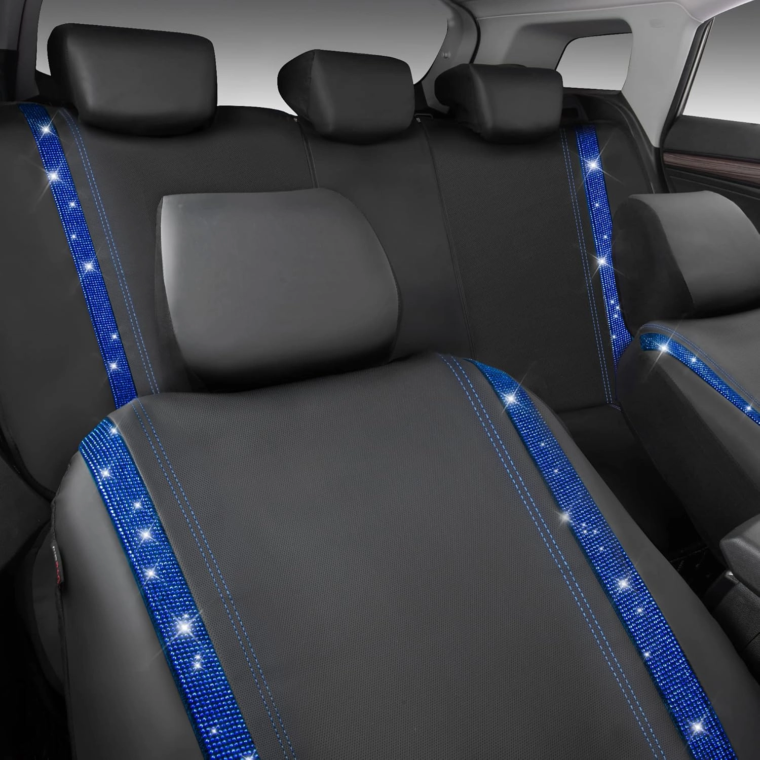 CAR PASS Bling Car Seat Covers Full Set, Shining Rhinestone Diamond Waterproof Faux Leather, Rear with Zipper, Universal Fit Automotive Glitter Crystal Sparkle Strips for Cute Women Girl, Blue