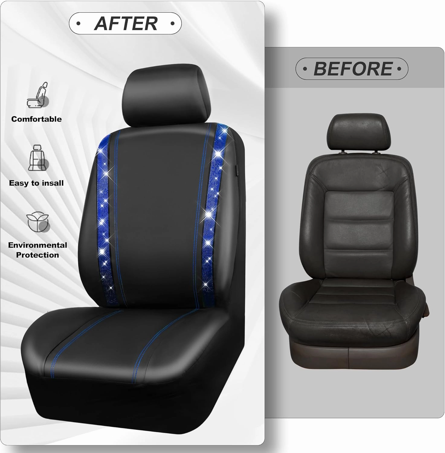 CAR PASS Bling Car Seat Covers Full Set, Shining Rhinestone Diamond Waterproof Faux Leather, Rear with Zipper, Universal Fit Automotive Glitter Crystal Sparkle Strips for Cute Women Girl, Blue