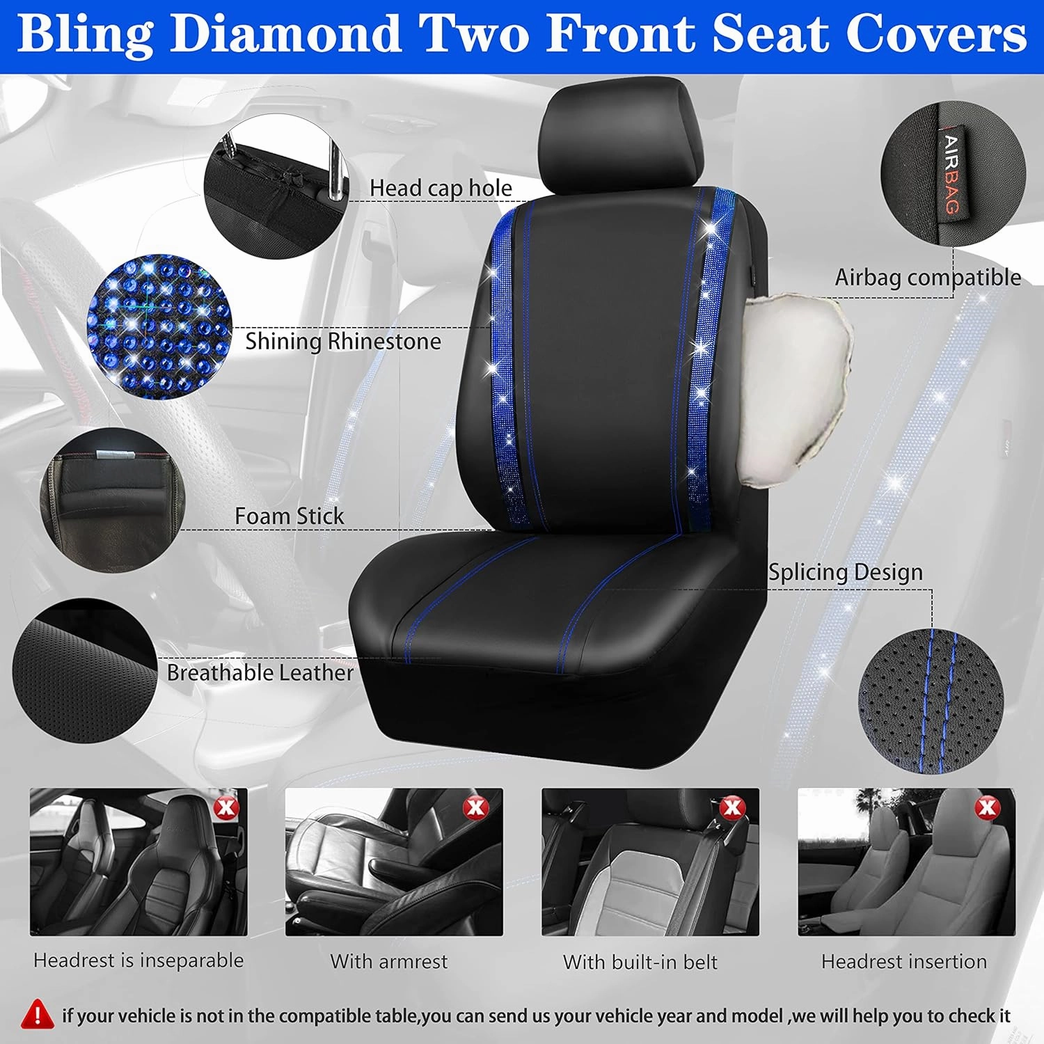CAR PASS Bling Car Seat Covers Full Set, Shining Rhinestone Diamond Waterproof Faux Leather, Rear with Zipper, Universal Fit Automotive Glitter Crystal Sparkle Strips for Cute Women Girl, Blue