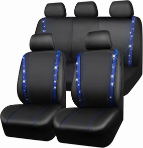 CAR PASS Bling Car Seat Covers Full Set, Shining Rhinestone Diamond Waterproof Faux Leather, Rear with Zipper, Universal Fit Automotive Glitter Crystal Sparkle Strips for Cute Women Girl, Blue