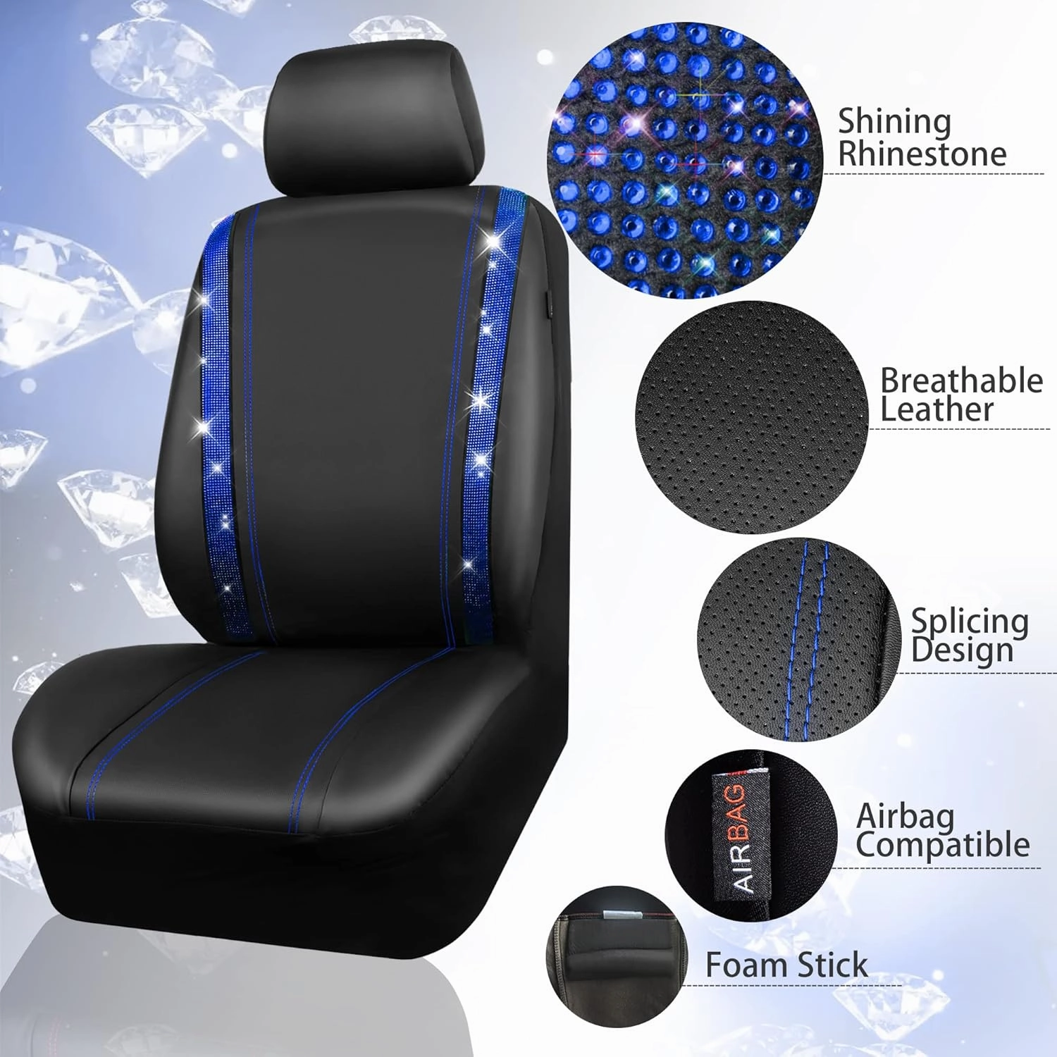 CAR PASS Bling Car Seat Covers Full Set, Shining Rhinestone Diamond Waterproof Faux Leather, Rear with Zipper, Universal Fit Automotive Glitter Crystal Sparkle Strips for Cute Women Girl, Blue