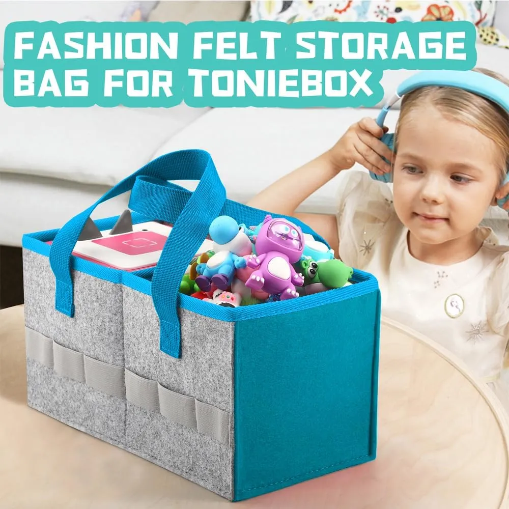 Carrying Case for Toniebox Starter Set and Tonies Figurines, Travel Felt Cloth Musical Toy Folding Bag for Toniebox Accessories (Blue)