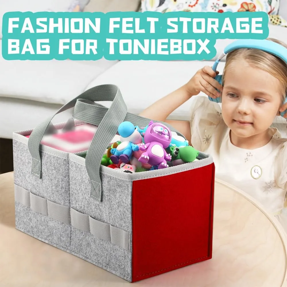 Carrying Case Travel Felt Bag Compatible with Toniebox Starter Set and Tonies Figurine (Gray Red)