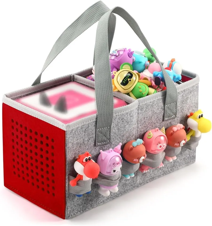 Carrying Case Travel Felt Bag Compatible with Toniebox Starter Set and Tonies Figurine (Gray Red)
