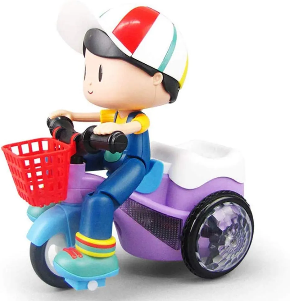 Cartoon Stunt Tricycle Toy, Kids Simulation Tricycle Toy Music Light Electric Three Wheeled Boy Girl Toy for Kids (As Show)