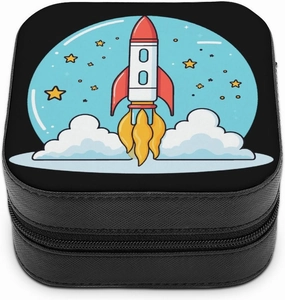 Cartoon Space Rockets Jewelry Box PU Leather Jewelry Organizer Storage Box Portable Travel Jewelry Display Case for Earring Ring Necklace
