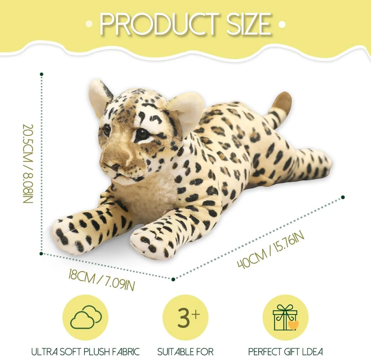 Cheetah Stuffed Animal, 15.8" Leopard Stuffed Animal Stuffed Cheetah Plush Toy Pillow Cheetah Stuffy Cute Giant Realistic Stuffed Jaguar Plush Birthday Gifts for Kids Girls
