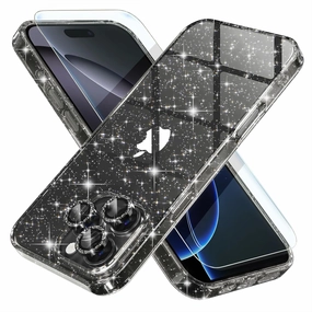 Choiche Compatible for iPhone 16 Pro Max Case, Women Cute Clear Glitter Bling Sparkly Case, [3 x Diamond Camera Lens Protectors] [2 x Tempered Glass Screen Protectors] 6.9-inch (Glitter Black)