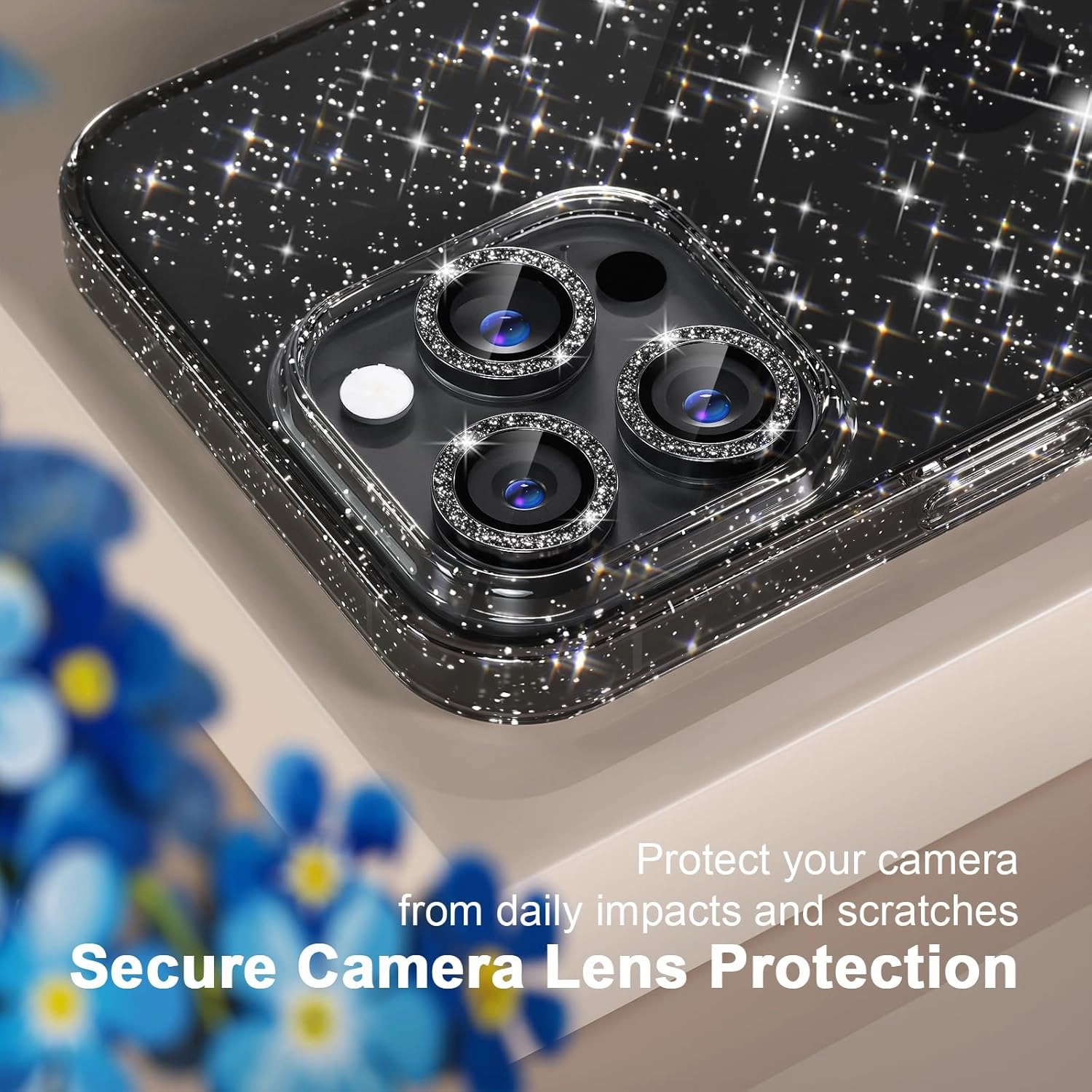Choiche Compatible for iPhone 16 Pro Max Case, Women Cute Clear Glitter Bling Sparkly Case, [3 x Diamond Camera Lens Protectors] [2 x Tempered Glass Screen Protectors] 6.9-inch (Glitter Black)