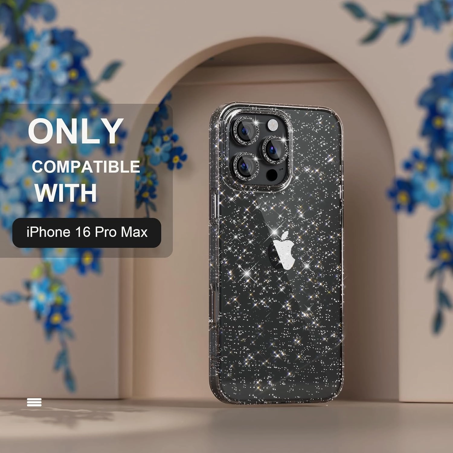 Choiche Compatible for iPhone 16 Pro Max Case, Women Cute Clear Glitter Bling Sparkly Case, [3 x Diamond Camera Lens Protectors] [2 x Tempered Glass Screen Protectors] 6.9-inch (Glitter Black)