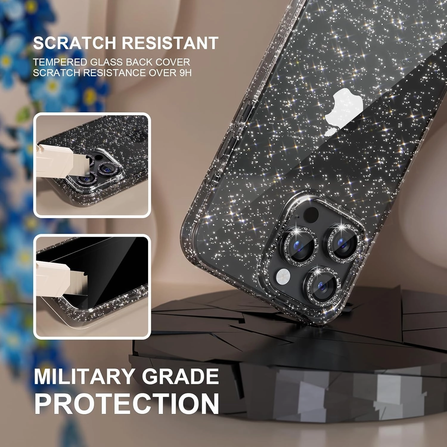 Choiche Compatible for iPhone 16 Pro Max Case, Women Cute Clear Glitter Bling Sparkly Case, [3 x Diamond Camera Lens Protectors] [2 x Tempered Glass Screen Protectors] 6.9-inch (Glitter Black)