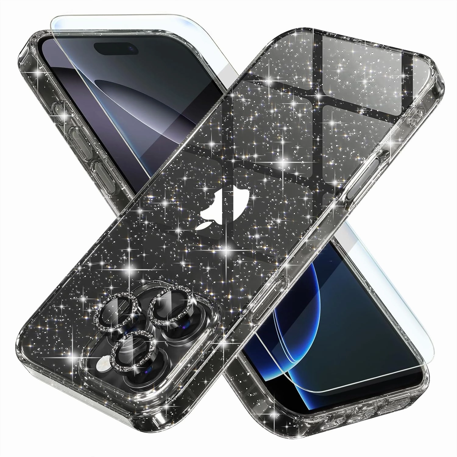 Choiche Compatible for iPhone 16 Pro Max Case, Women Cute Clear Glitter Bling Sparkly Case, [3 x Diamond Camera Lens Protectors] [2 x Tempered Glass Screen Protectors] 6.9-inch (Glitter Black)