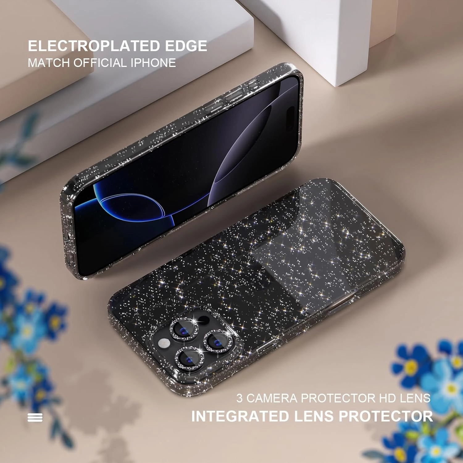 Choiche Compatible for iPhone 16 Pro Max Case, Women Cute Clear Glitter Bling Sparkly Case, [3 x Diamond Camera Lens Protectors] [2 x Tempered Glass Screen Protectors] 6.9-inch (Glitter Black)