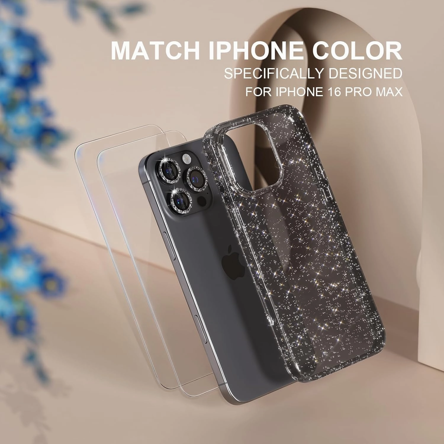 Choiche Compatible for iPhone 16 Pro Max Case, Women Cute Clear Glitter Bling Sparkly Case, [3 x Diamond Camera Lens Protectors] [2 x Tempered Glass Screen Protectors] 6.9-inch (Glitter Black)