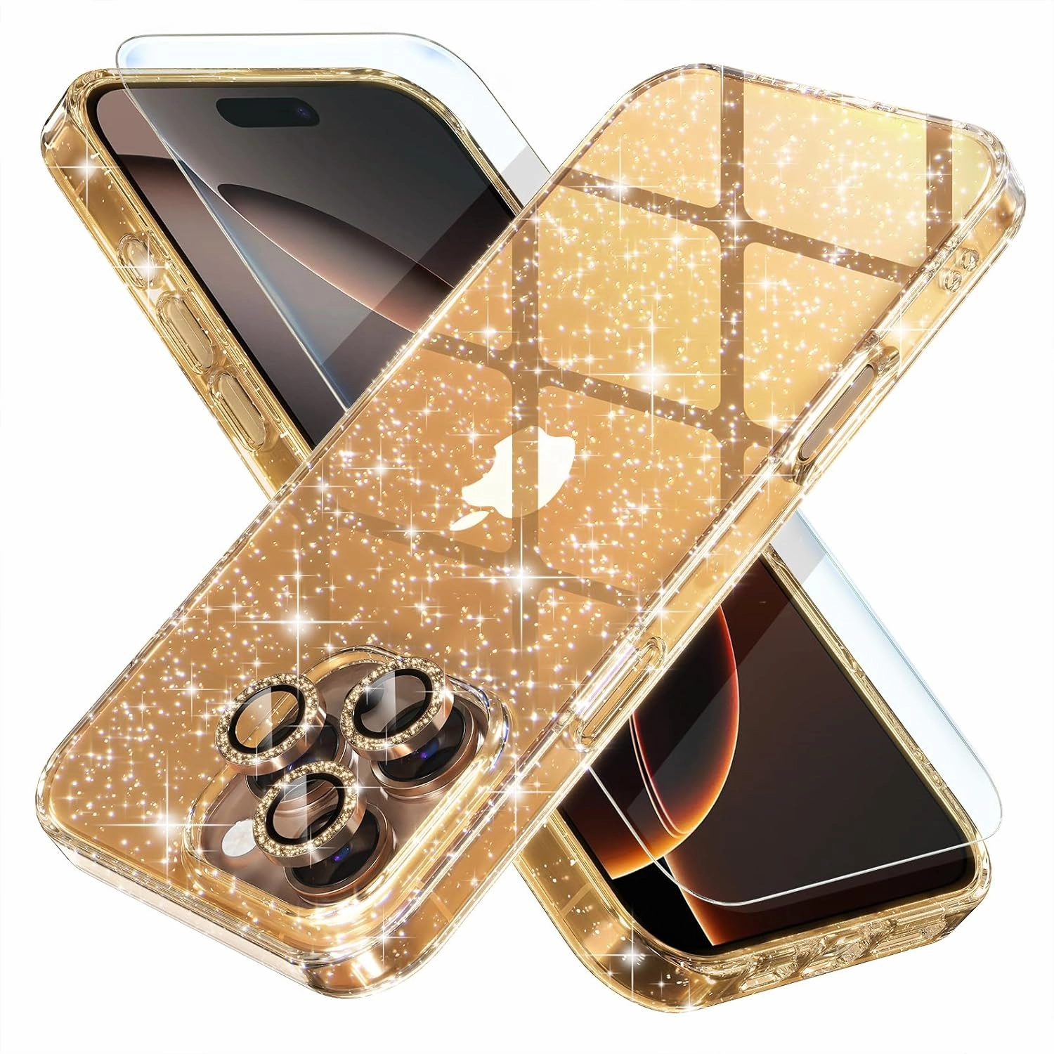 Choiche Compatible for iPhone 16 Pro Max Case, Women Cute Clear Glitter Bling Sparkly Case, [3 x Diamond Camera Lens Protectors] [2 x Tempered Glass Screen Protectors] 6.9-inch (Glitter Gold)
