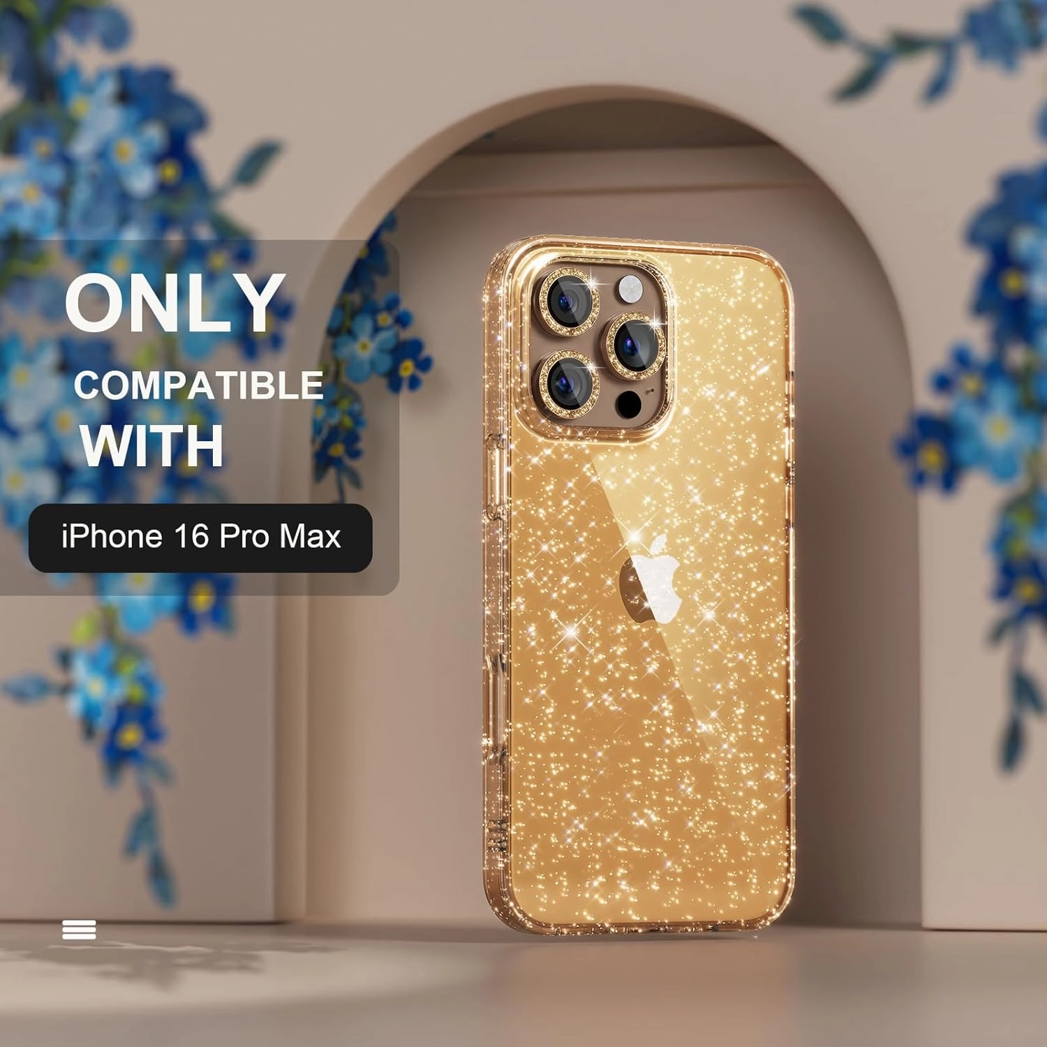 Choiche Compatible for iPhone 16 Pro Max Case, Women Cute Clear Glitter Bling Sparkly Case, [3 x Diamond Camera Lens Protectors] [2 x Tempered Glass Screen Protectors] 6.9-inch (Glitter Gold)