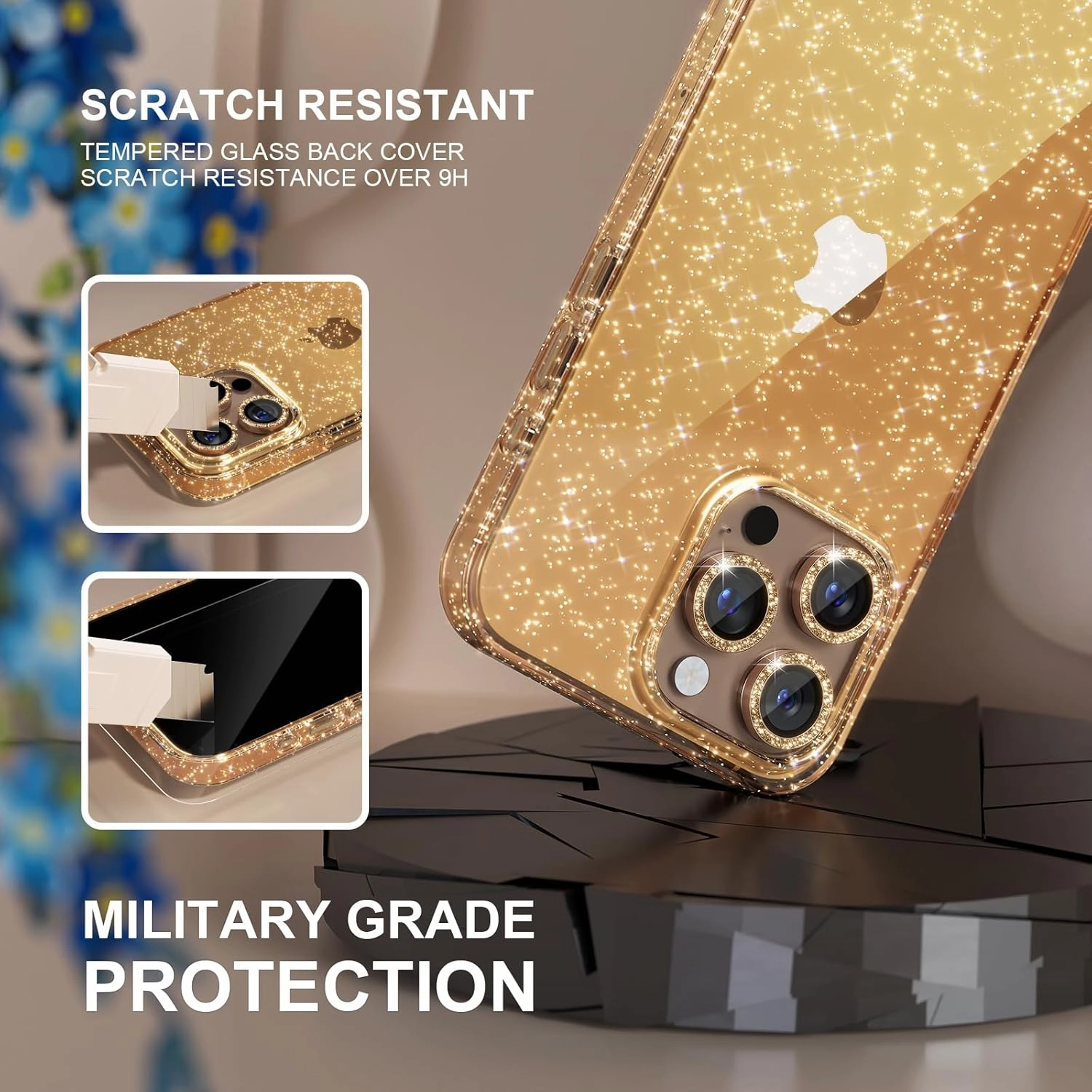 Choiche Compatible for iPhone 16 Pro Max Case, Women Cute Clear Glitter Bling Sparkly Case, [3 x Diamond Camera Lens Protectors] [2 x Tempered Glass Screen Protectors] 6.9-inch (Glitter Gold)