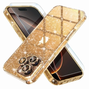 Choiche Compatible for iPhone 16 Pro Max Case, Women Cute Clear Glitter Bling Sparkly Case, [3 x Diamond Camera Lens Protectors] [2 x Tempered Glass Screen Protectors] 6.9-inch (Glitter Gold)